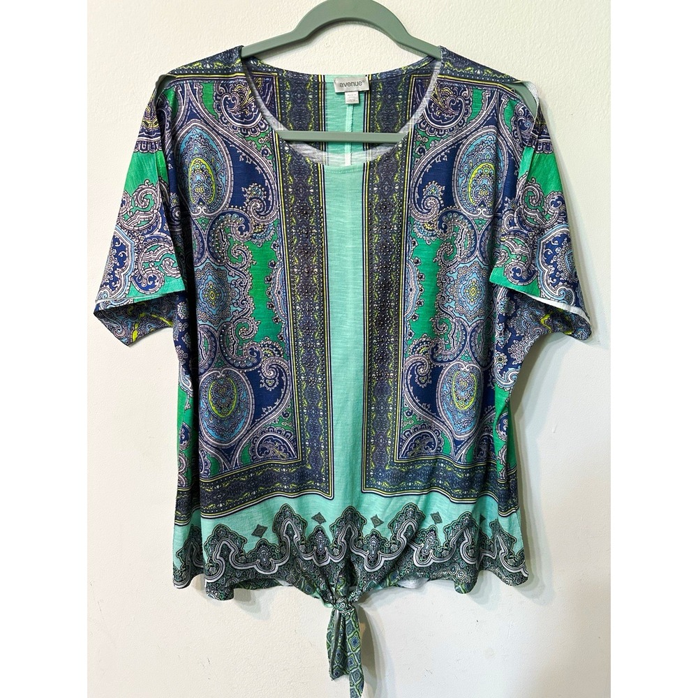 Avenu Women 14/16 Paisley Cold Shoulder Top Studded rhinestone Tie Front Blouse⁠
